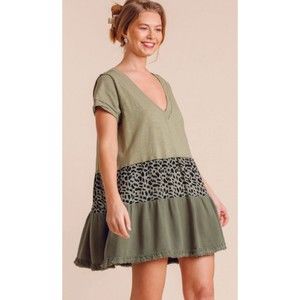 New UMGEE Small Sage V-Neck Knit Animal Print Tiered Short Dress Ruffle Hem
